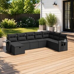Garden Sofa Set 8 Piece Outdoor Furniture Black Poly Rattan with Cushions Patio