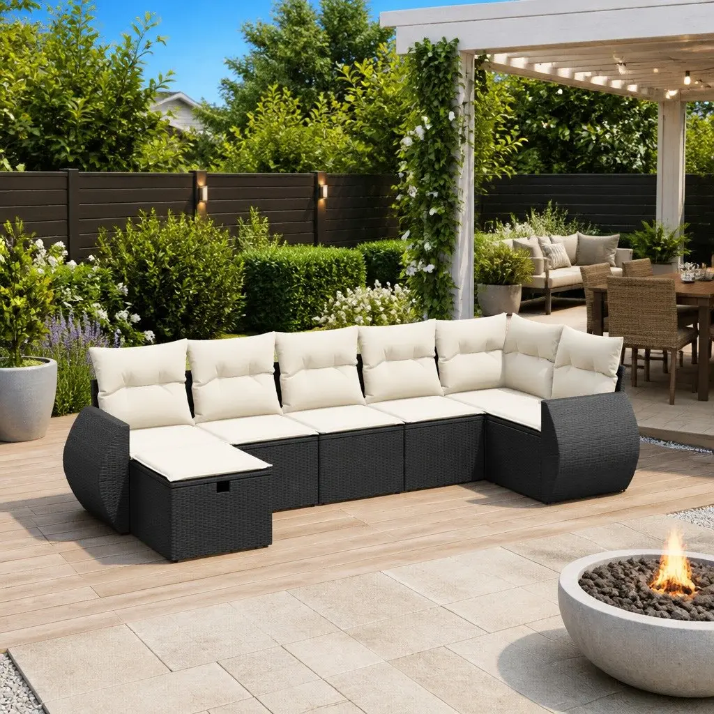 7 Piece Garden Sofa Set with Cushions Black Outdoor Patio Furniture Rattan