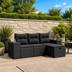 4 Piece Outdoor Garden Sofa Set Black Poly Rattan with Cushions Patio Furniture
