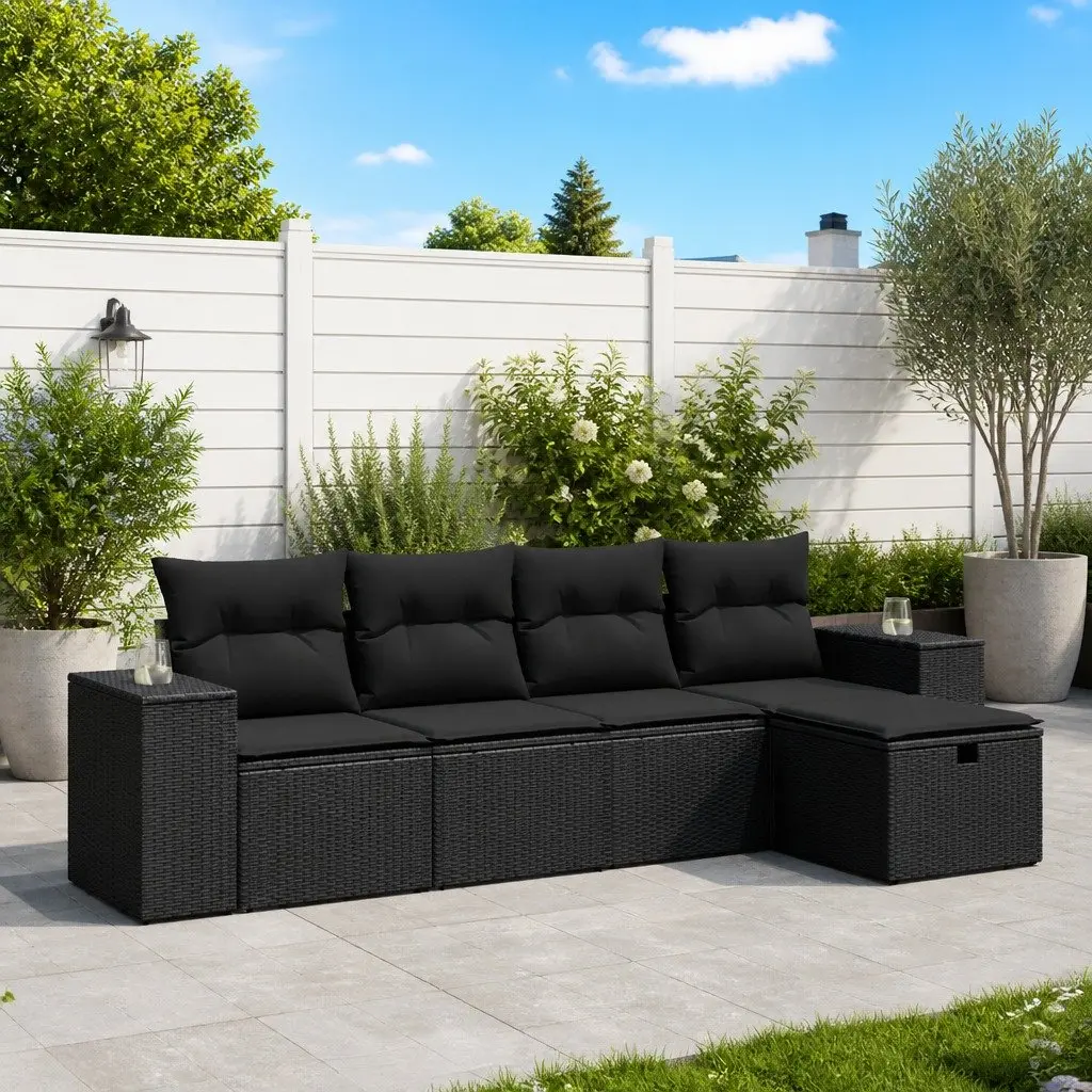 5 Piece Garden Sofa Set with Cushions Outdoor Patio Furniture Black Poly Rattan