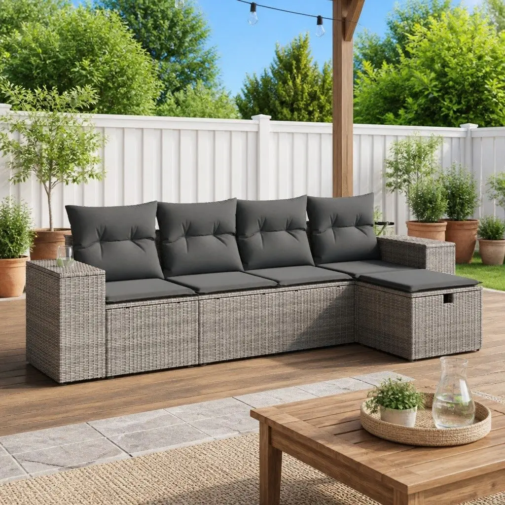 5 Piece Garden Sofa Set Outdoor Patio Furniture with Cushions Grey Poly Rattan