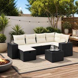 7 Piece Outdoor Garden Sofa Set Black Poly Rattan Patio Furniture with Cushions