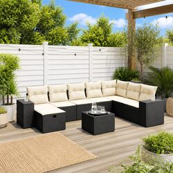 Garden Sofa Set 9 Piece Outdoor Patio Furniture Black Poly Rattan with Cushions