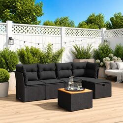 Garden Sofa Set 6 Piece Outdoor Furniture Black Poly Rattan Patio Seating with