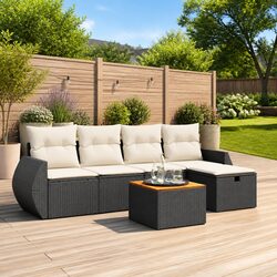 Garden Sofa Set 6 Piece Black Poly Rattan Patio Outdoor Furniture with Cushions