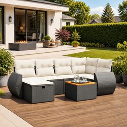 Garden Sofa Set 7 Piece Outdoor Patio Furniture with Cushions Black Rattan