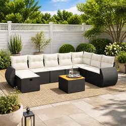 9 Piece Outdoor Garden Sofa Set Black Poly Rattan Patio Furniture with Cushions