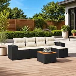 6 Piece Garden Sofa Set Outdoor Patio Furniture with Cushions Black Poly Rattan