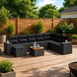 Garden Sofa Set 9 Piece Outdoor Furniture with Cushions Black Poly Rattan