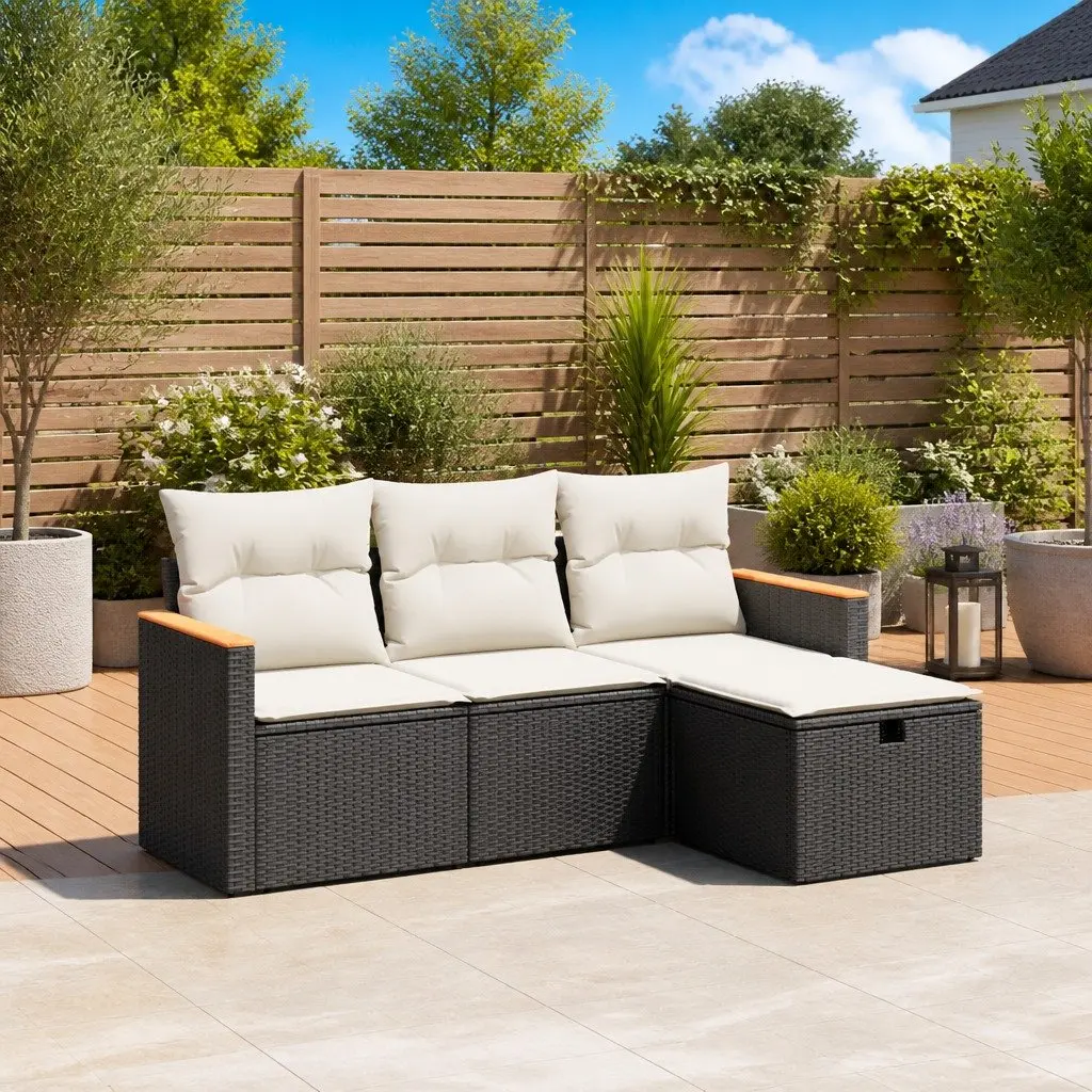 4 Piece Garden Sofa Set Outdoor Patio Furniture PE Rattan Black Cushions