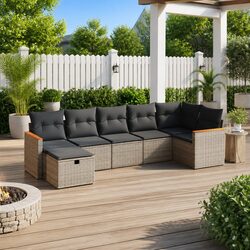 7 Piece Outdoor Garden Sofa Set Grey Rattan Patio Furniture with Cushions