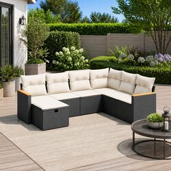 7 Piece Garden Sofa Set Outdoor Patio Furniture Black Poly Rattan Cushions