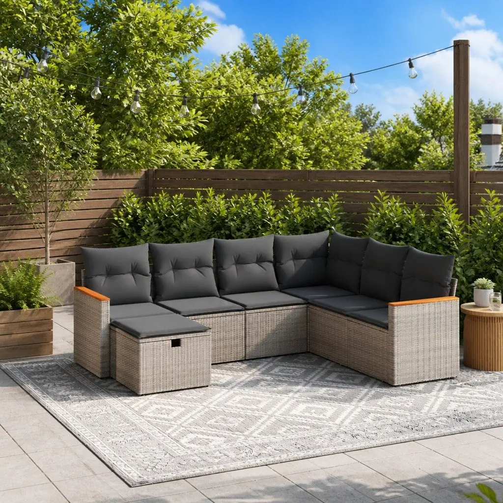 7 Piece Outdoor Garden Sofa Set Grey Poly Rattan Lounge Furniture Patio