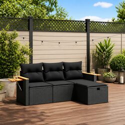 4 Piece Garden Sofa Set Outdoor Patio Furniture with Cushions Black Rattan