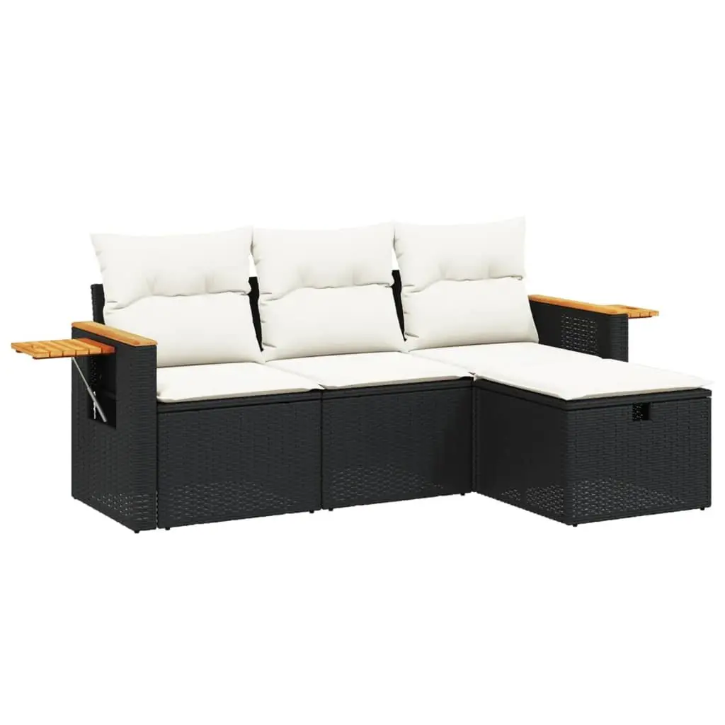 4 Piece Outdoor Garden Sofa Set Black Poly Rattan Patio Furniture with Cushions