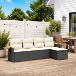 5 Piece Outdoor Garden Sofa Set with Cushions Black Poly Rattan Patio Furniture