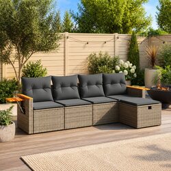5 Piece Outdoor Garden Sofa Set with Cushions Grey Poly Rattan Patio Furniture