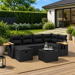 7 Piece Garden Sofa Set Outdoor Furniture Patio Rattan Black Cushions