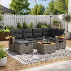 7 Piece Garden Sofa Set with Cushions Grey Poly Rattan Outdoor Furniture Patio