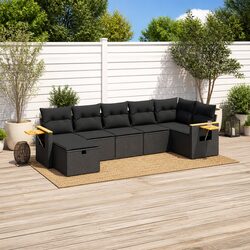 Garden Sofa Set 7 Piece Outdoor Furniture Black Poly Rattan Modular Patio
