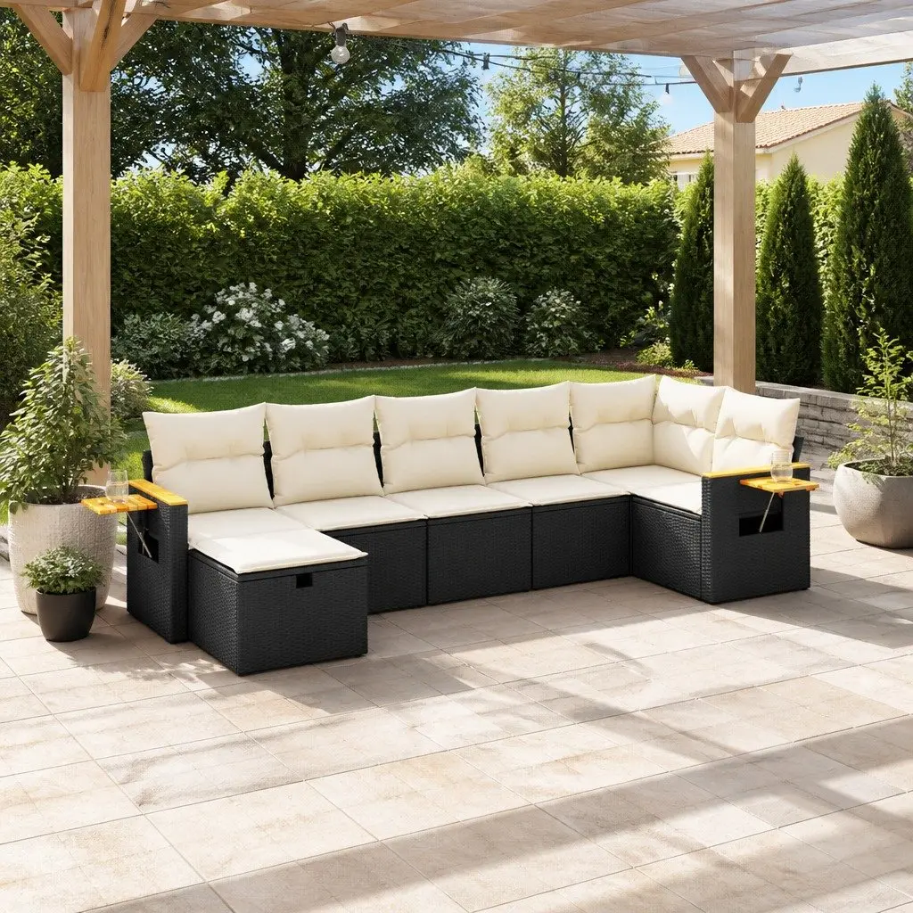 7 Piece Outdoor Garden Sofa Set Black Poly Rattan Furniture with Cushions