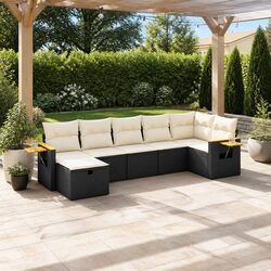 7 Piece Outdoor Garden Sofa Set Black Poly Rattan Furniture with Cushions