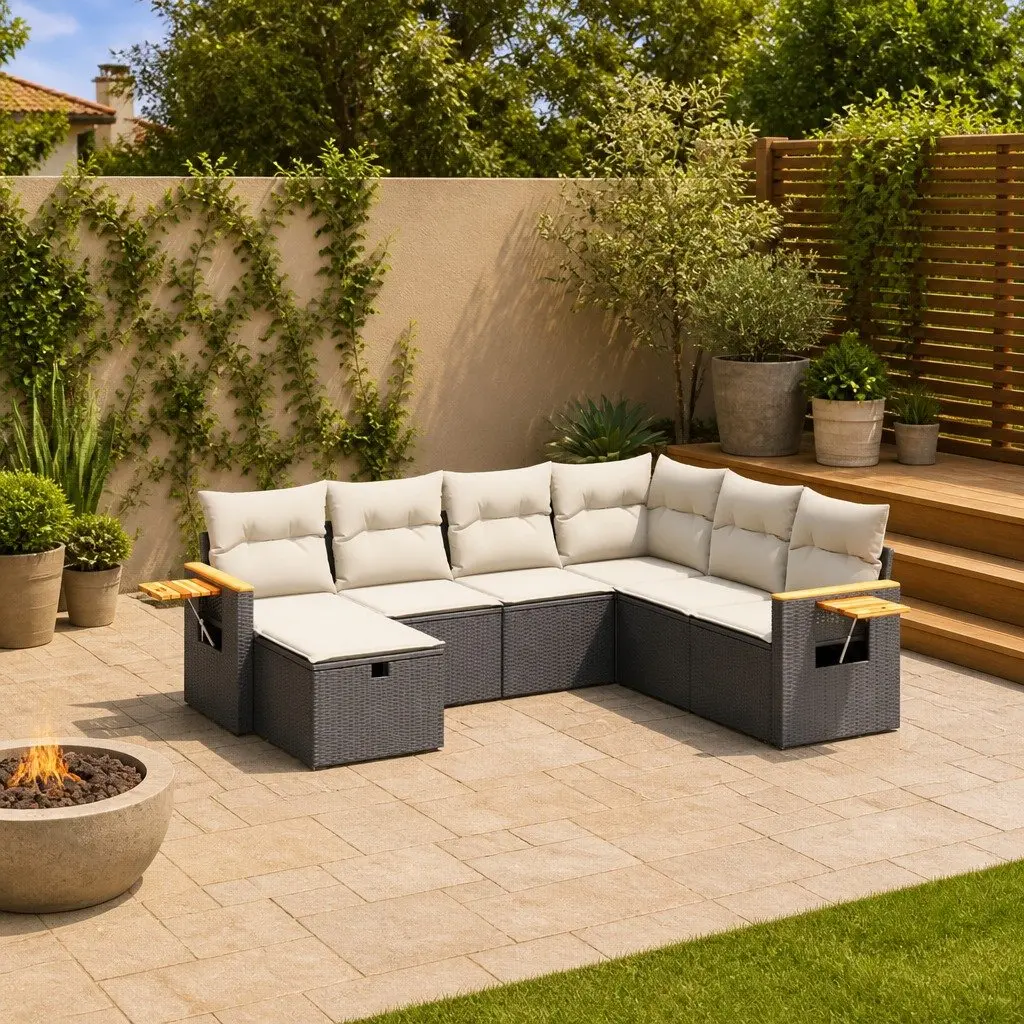 7 Piece Garden Sofa Set Outdoor Furniture Patio Cushions Black Poly Rattan