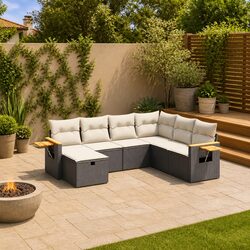 7 Piece Garden Sofa Set Outdoor Furniture Patio Cushions Black Poly Rattan