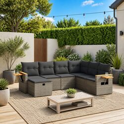 7 Piece Outdoor Garden Sofa Set with Cushions Grey Poly Rattan Patio Furniture