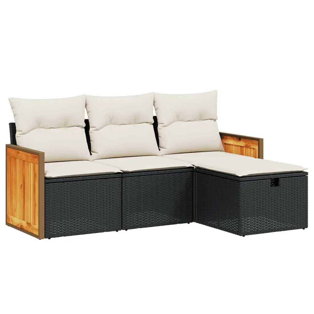 4 Piece Outdoor Garden Sofa Set Black Poly Rattan Patio Furniture with Cushions