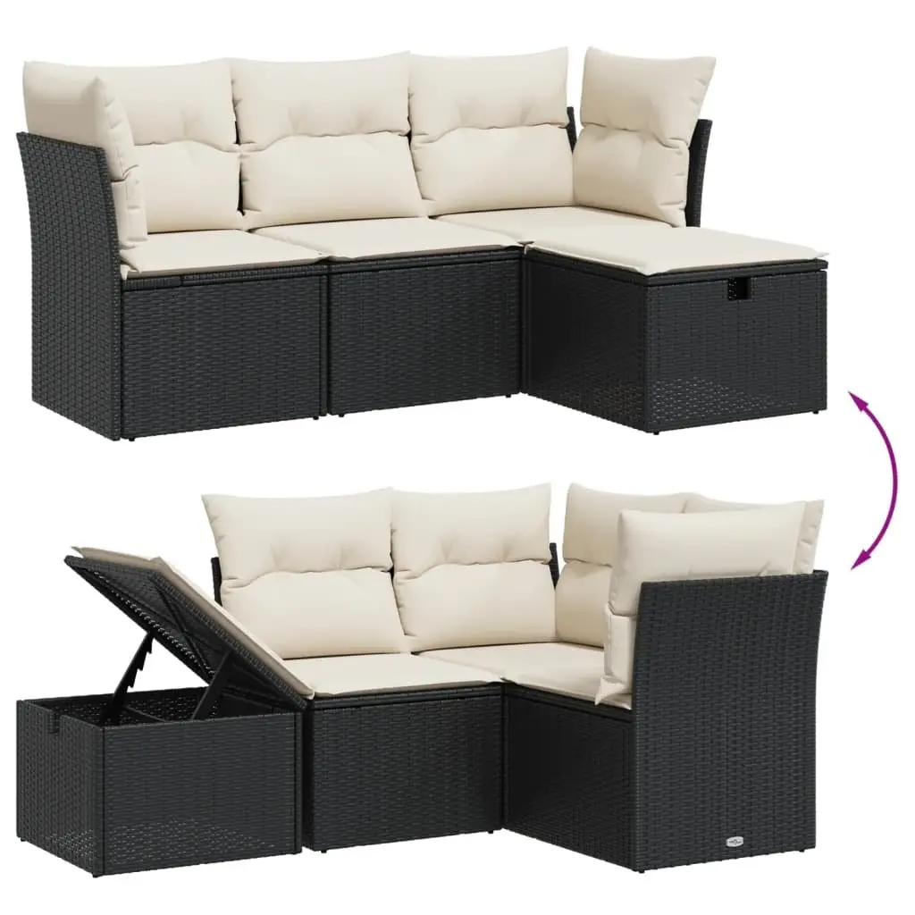 4 Piece Outdoor Garden Sofa Set Black Poly Rattan Patio Furniture with Cushions