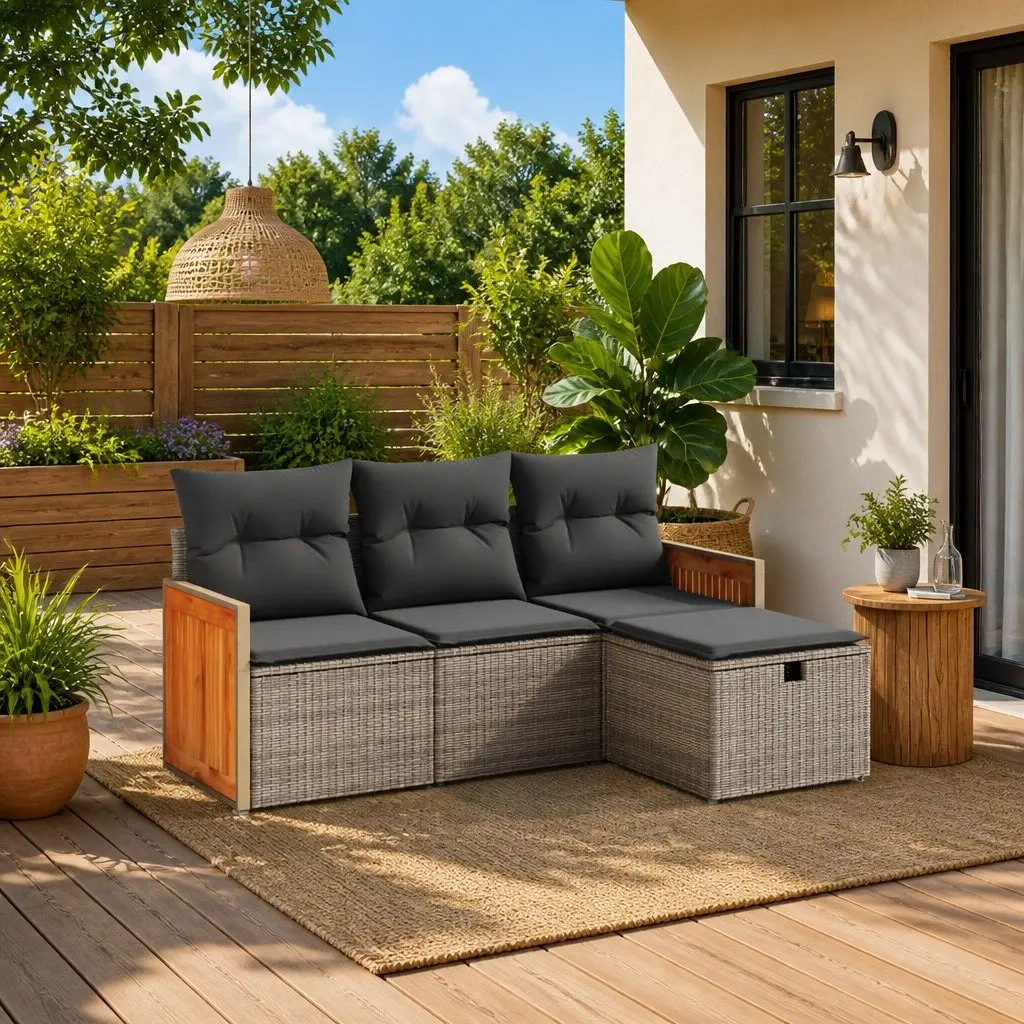 4 Piece Garden Sofa Set Outdoor Furniture Grey Cushions Poly Rattan Patio