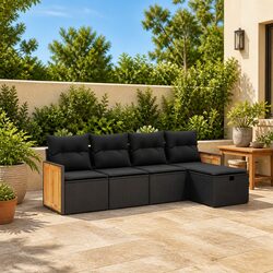 5 Piece Outdoor Garden Sofa Set with Cushions Black Rattan Patio Furniture