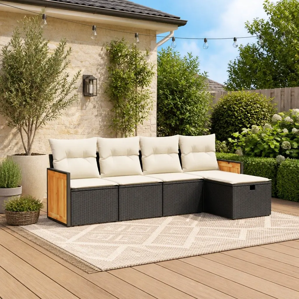 5 Piece Garden Sofa Set Outdoor Furniture Black Poly Rattan with Cushions Patio