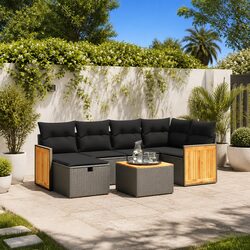7 Piece Garden Sofa Set Black Poly Rattan Outdoor Furniture Patio Cushions
