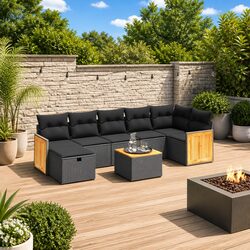Outdoor Garden Sofa Set 8 Piece Black Poly Rattan Patio Furniture with Cushions