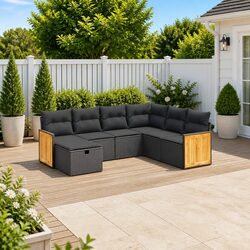 7 Piece Garden Sofa Set with Cushions Black Poly Rattan Modular Outdoor