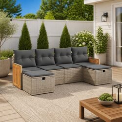 Outdoor Garden Sofa Set 6 Piece Grey Poly Rattan Modular Patio Furniture with