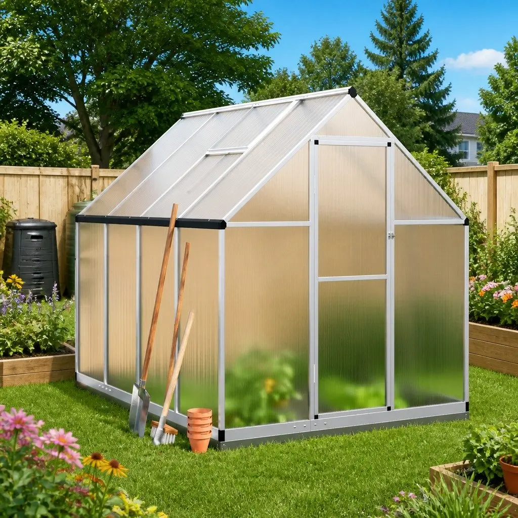 Greenhouse with Base Frame Silver 224x169x202cm Walk-in Garden Polycarbonate
