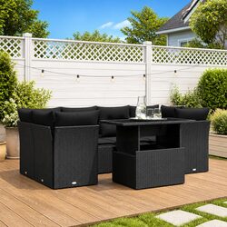 7 Piece Outdoor Garden Sofa Set with Cushions Black Poly Rattan Patio Furniture