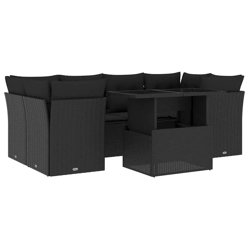 7 Piece Outdoor Garden Sofa Set with Cushions Black Poly Rattan Patio Furniture