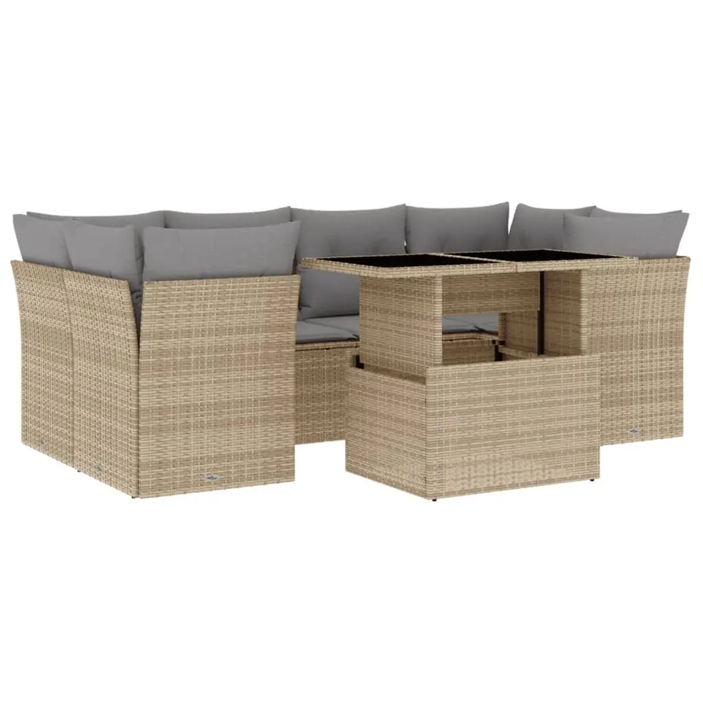 7 Piece Outdoor Garden Sofa Set Beige Poly Rattan Patio Furniture with Cushions