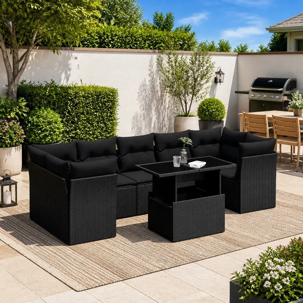 Garden Sofa Set 8 Piece Outdoor Furniture with Cushions Black Rattan Patio