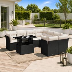 9 Piece Garden Sofa Set Outdoor Furniture with Cushions Black Poly Rattan Patio