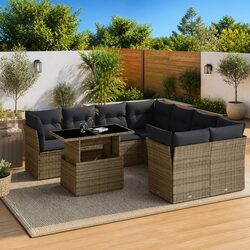 Garden Sofa Set 9 Piece Outdoor Patio Furniture Grey Poly Rattan with Cushions