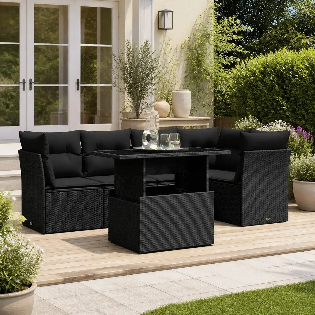 6 Piece Outdoor Garden Sofa Set Black PE Rattan Patio Furniture with Cushions