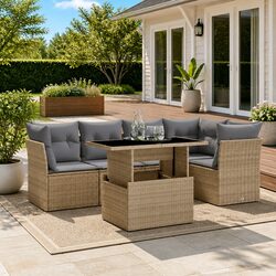 6 Piece Garden Sofa Set Beige Poly Rattan Outdoor Patio Furniture with Cushions