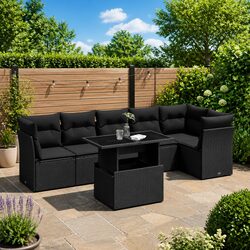 7 Piece Garden Sofa Set Outdoor Furniture Patio Black Poly Rattan Cushions