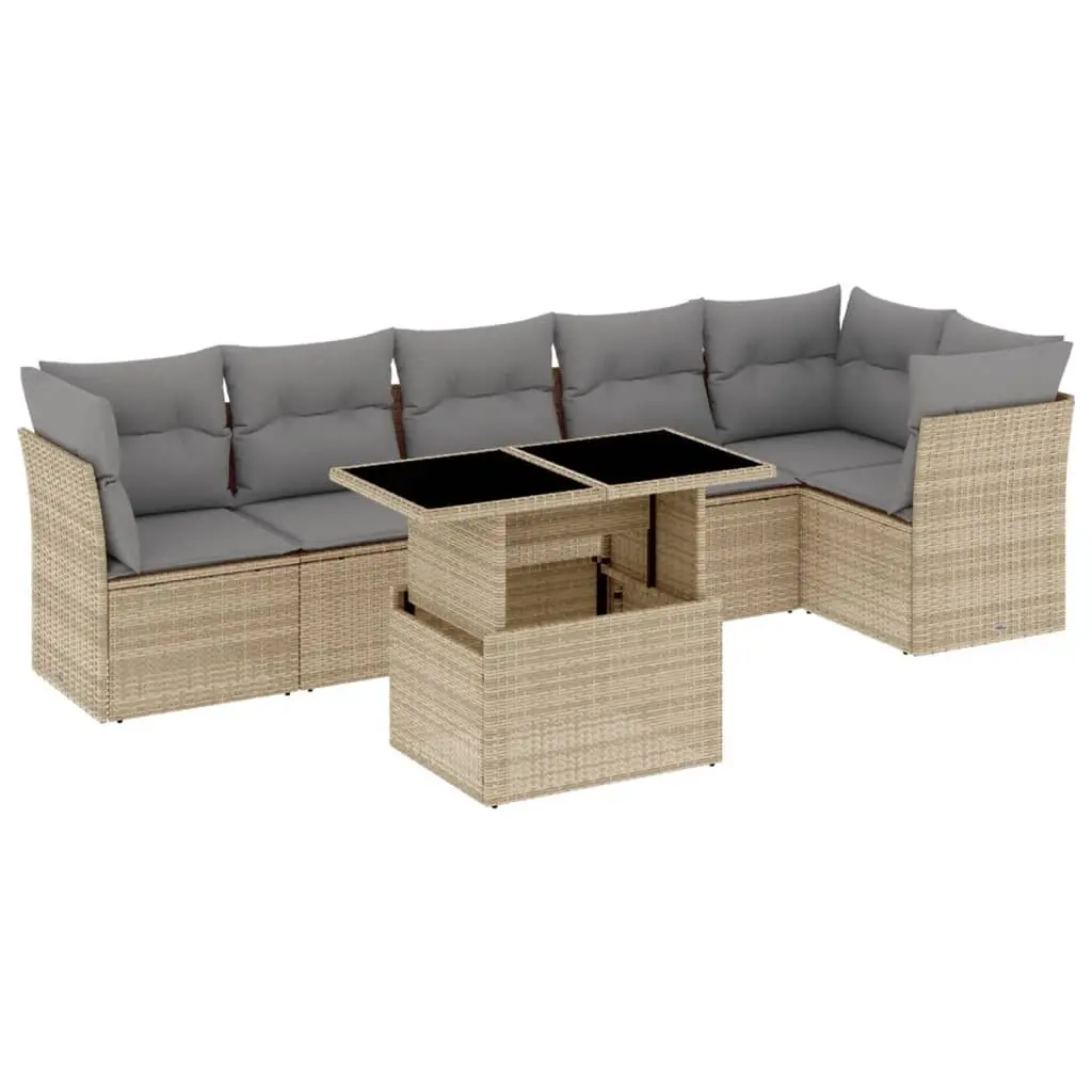 7 Piece Outdoor Garden Sofa Set with Cushions Beige Poly Rattan Patio Furniture