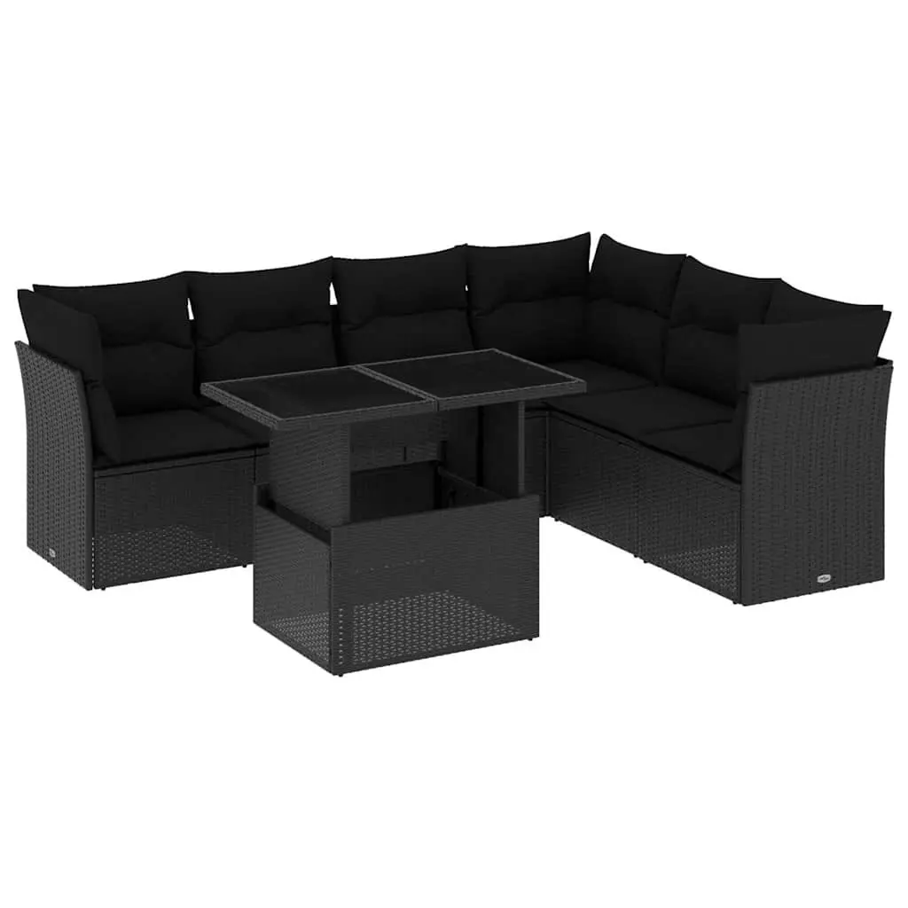 7 Piece Garden Sofa Set Outdoor Patio Furniture Black Poly Rattan with Cushions